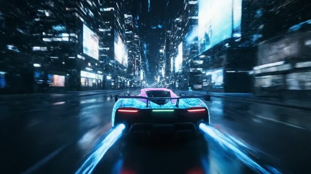 Ultra futuristic neon hypercar speeding through a high tech cyber metropolis at night sleek aerodynamic body with glowing holographic panels electric blue magenta violet and fluorescent cyan accents r