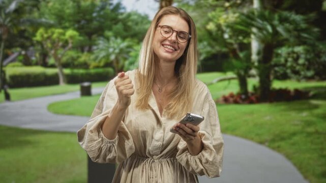 Woman in beige dress and glasses holding a smartphone, fist pump with right hand, smiling while checking messages on a park path lined with trees and grass; joy celebration.