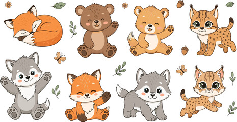 Cute Woodland Animal Illustrations Featuring Fox, Bear, Wolf, and Lynx with Fall Leaves © MdRezaul