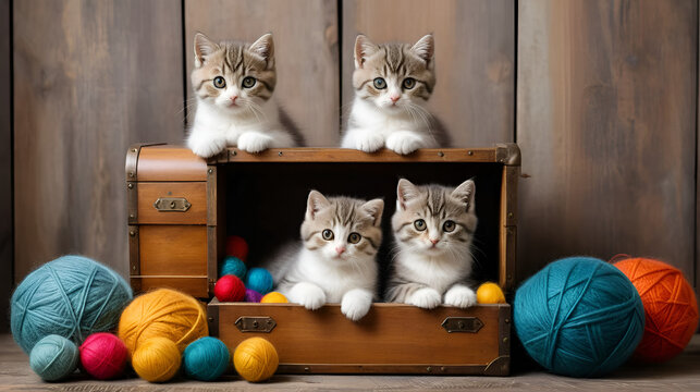 two scottish fold tabby kittens near decorative dower chest with multicolored balls of wool on a rustic background