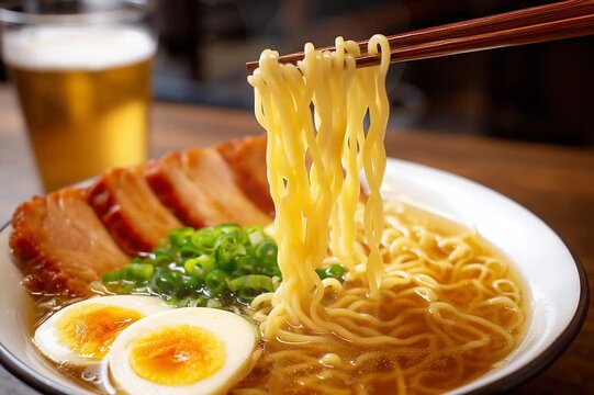 shoyu ramen noodle soup with egg and beer