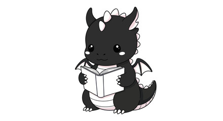 Obraz premium Cute black dragon reading a book, fantasy character, kawaii style