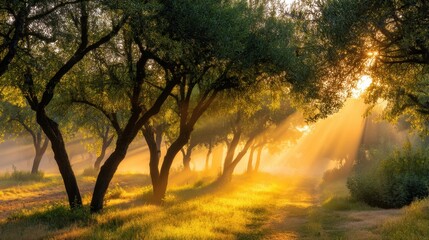 Obraz premium Serene Sunrise in a Beautiful Olive Grove with Rays of Light Filtering Through Lush Green Trees and Golden Grass