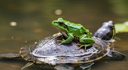 Fototapeta premium Frog sitting on turtle wildlife