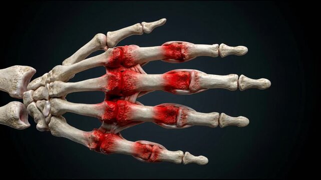 Close up of a human hand skeleton showing inflamed joints indicative of arthritis and joint pain