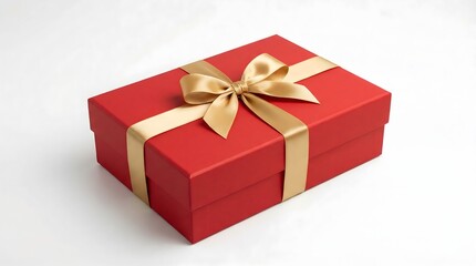 Obraz premium A red gift box adorned with a gold ribbon and bow, elegantly presented on a plain surface for special occasions.