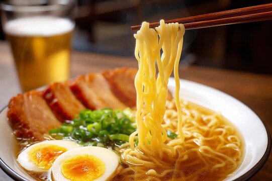 shoyu ramen noodle soup with egg and beer