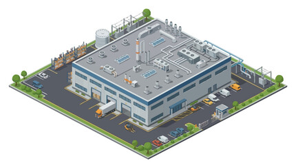 Isometric view of a modern industrial warehouse with loading docks, delivery trucks, and a parking lot filled with vehicles