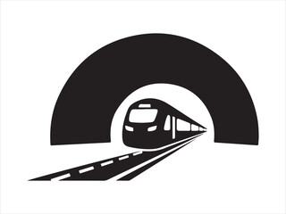 Subway train travels through a tunnel black and white silhouette. vector illustration. Train in Tunnel Silhouette icon © Jabed