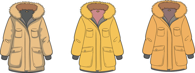 Three beige coats with fur hoods and multiple pockets standing upright © Hey Tahera