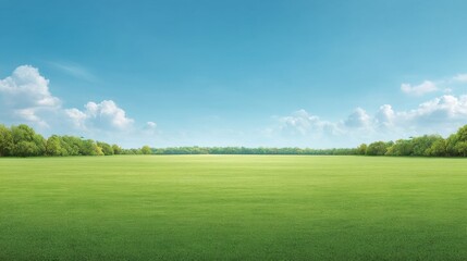 Obraz premium Vibrant Green Field Under Clear Blue Sky with Soft Clouds in a Peaceful Natural Landscape