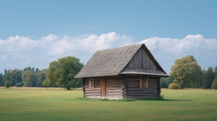 Peaceful Wooden Cabin in Green Field Surrounded by Trees under Bright Blue Sky with White Clouds and Sunny Weather
