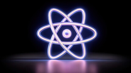 Glowing Atom Structure Against Black Backdrop with Luminous Blue Outlines and Pink Light Reflection Luminous Science Education Physics Symbol