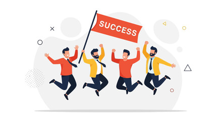 Fototapeta premium Team Celebrating Success Jumping with Flag