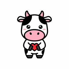 Naklejka premium Cute kawaii cartoon cow character holding a red love heart.