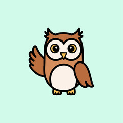 Obraz premium Cute brown cartoon owl character waving its wing.