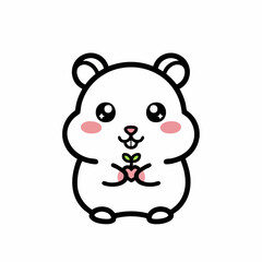 Fototapeta premium Adorable Hamster Illustration with Big Eyes and Rosy Cheeks Holding a Plant.