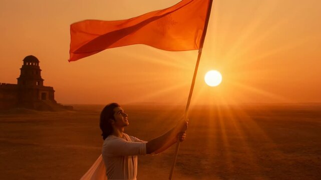 Silhouette of a Person Holding a Large Saffron Flag During Sunset with Historic Fort in the Background