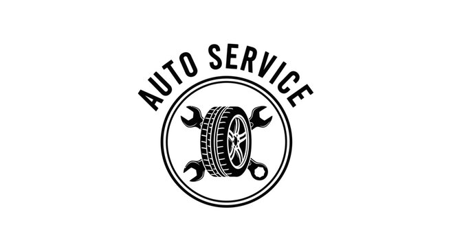 Black and white auto service logo featuring a car wheel with crossed wrenches, symbolizing comprehensive vehicle repair and maintenance expertise for automotive businesses