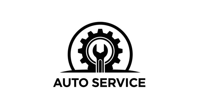 Black and white graphic logo design for an auto service business featuring a gear and wrench symbol, representing mechanical repair and maintenance