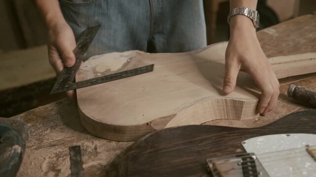 craftsman measuring wooden electric guitar body with l-square ruler