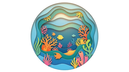 Fototapeta premium Discover a serene underwater ecosystem crafted with intricate layered paper art, depicting vibrant coral reefs, playful fish, and a tranquil ocean scene in a circular frame