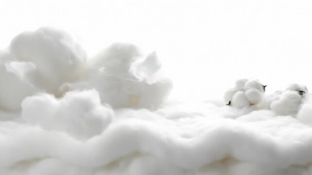 Close-Up of Cotton Bolls and Fluffy Cotton Fibers on White Background