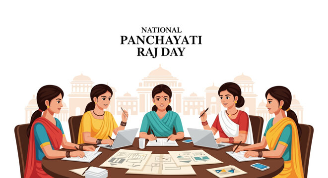 People gathered around a table for rural governance and development discussion on National Panchayati Raj Day in India
