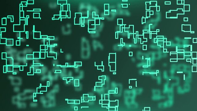 Abstract grid of connected squares on teal background. Suitable for technology concept designs, digital backgrounds, futuristic presentations, and geometric artistic projects.