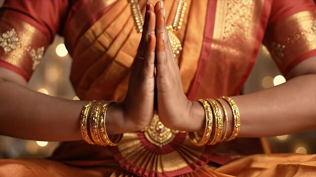 Traditional Indian Dancer Clasps Hands in Prayer Gesture Amidst Festive Lights Showing Gold Jewelry and Red Orange Saree with Intricate Embellishments