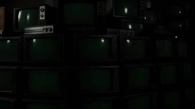Multiple old television screens glowing.