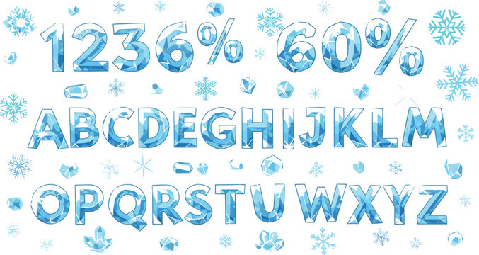 Ice Crystal Alphabet and Number Set with Frozen Blue Letters, Snowflakes and Percent Symbols for Winter Holiday Design, Christmas Typography and Frosty Seasonal Graphics