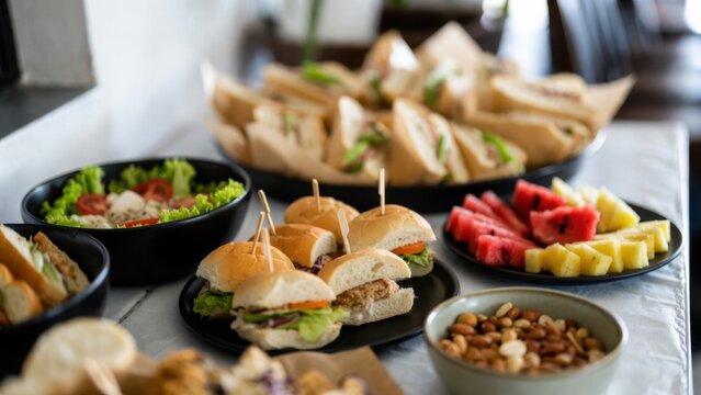 Assorted sandwiches and fruit platters on a table for a fresh buffet spread.