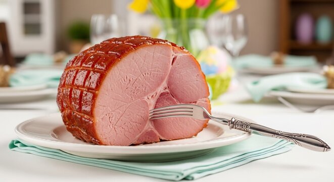 Delicious Glazed Ham Ready for Easter Feast on a Festive Table.