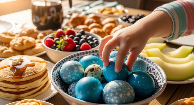 Childs Hand Reaching for Blue Easter Eggs Amidst a Festive Brunch Spread.