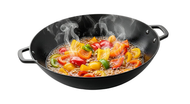 Vibrant bell peppers simmering in a steaming wok. This colorful medley cooks in a dark pan, promising a flavorful and aromatic meal for healthy,