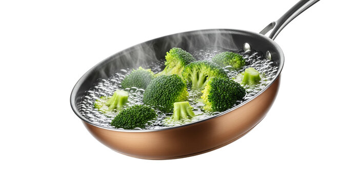 Fresh broccoli florets simmering in a non-stick pan, creating a healthy, vibrant, and steamy culinary scene