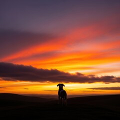 Fototapeta premium A dog's dark silhouette stands proudly on a hilltop against a vibrant orange sunset, with dramatic clouds enhancing the wide, inspirational landscape, inspirational, hope, contrast
