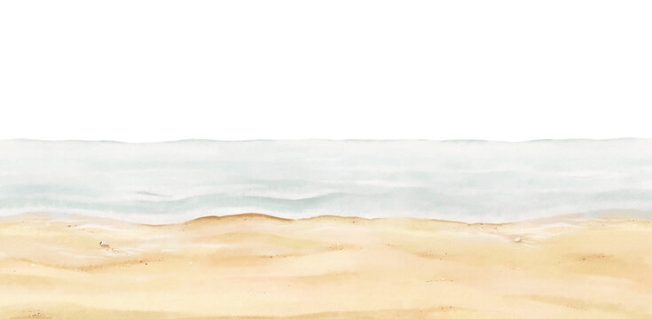 Watercolor panoramic landscape with sea horizon and beach, template for your design, background or texture. Hand drawn illustration minimalist scene.