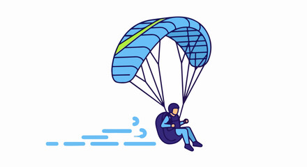 Paragliding Adventure Person Flying with Blue Parachute and Green Stripe on White Background Vector Illustration