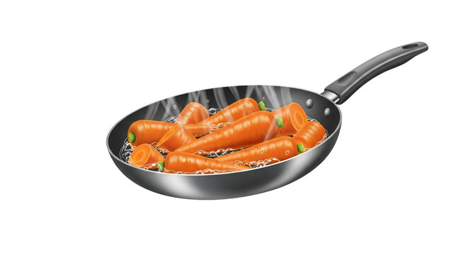 Vibrant orange carrots boiling vigorously in a modern nonstick frying pan creating steam and bubbles a dynamic representation of healthy home
