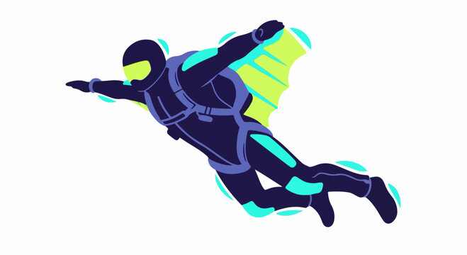 Skydiver in a wingsuit flying through the air with neon accents and a white background