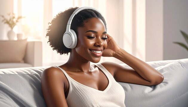 Joyful young woman with headphones on, peacefully unwinding on a cozy couch, immersed in music and relaxation at home, experiencing pure contentment in her personal space