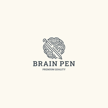 Brain pen logo style icon design template vector illustration