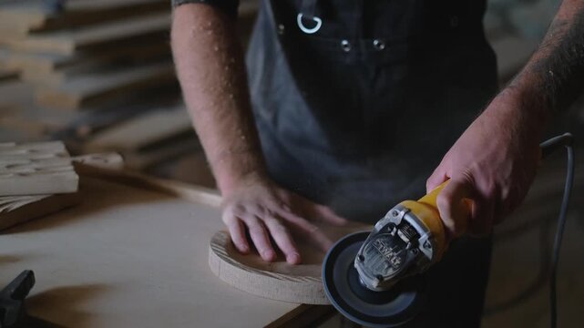 artisan carving a wooden bowl with an angle grinder power tool