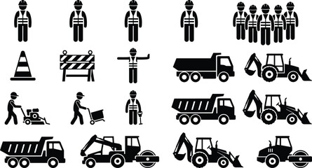 Road construction worker and heavy machinery silhouettes set, excavator, dump truck, roller and traffic control icons isolated on white © ASIK HASAN