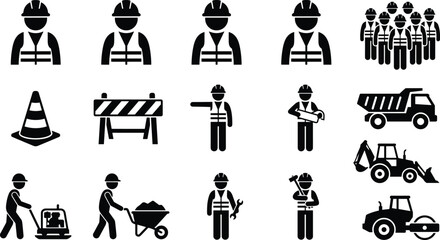 Road construction worker silhouettes and heavy equipment icons, traffic cones, dump trucks, excavators and maintenance crew isolated on white © ASIK HASAN