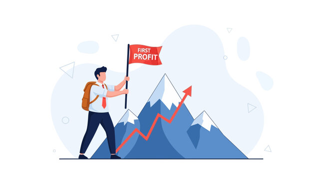 Businessman plants flag on mountain peak symbolizing first profit and business success