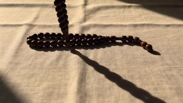 Brown Wooden Prayer Beads Casting Long Shadow on Textured Fabric in Natural Sunlight Religious Spiritual Concept for Meditation and Contemplation