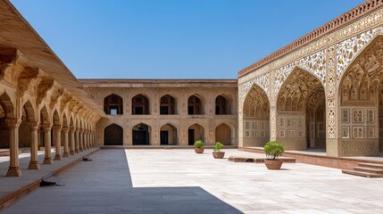 Fototapeta premium Grand Architectural Beauty of a Historical Courtyard Surrounded by Intricate Arches and Patterns in a Cultural Heritage Site